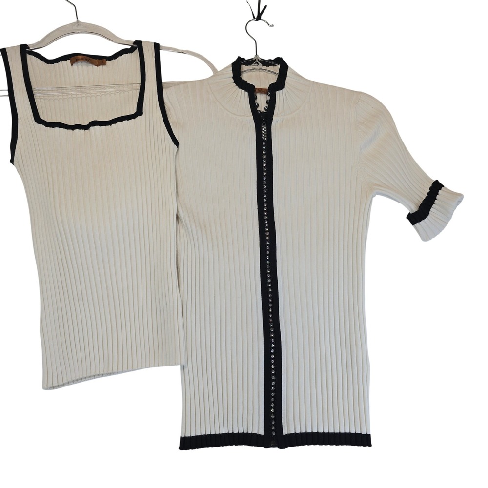 Belldini Ribbed Knit Cardigan Tank Set Womens Small White Black Rhinestone Indie